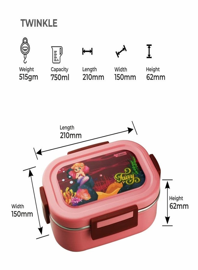 DUBBLIN Twinkle Cartoon Character Stainless Steel Lunch Box Insulated Airtight Spill Proof with Spoon, sabzi Container Inside, 750 ml, Pink - Image 2